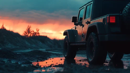 Mud-splashed off-road SUV hunts horizons in molten dusk glow.