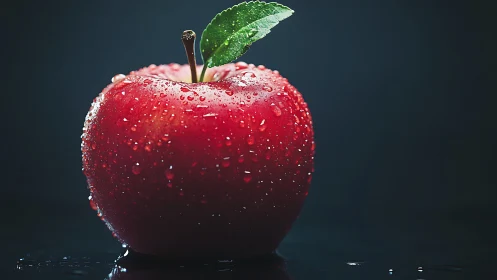 Red apple glistens with water droplets on dark background.