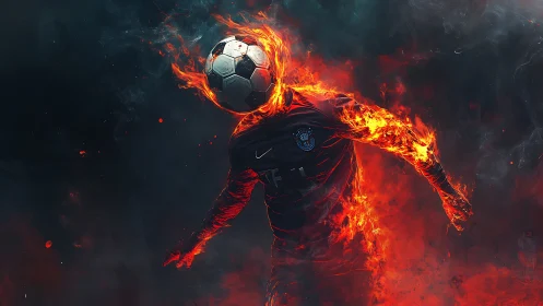 Flaming soccer figure charges through smoky inferno field.