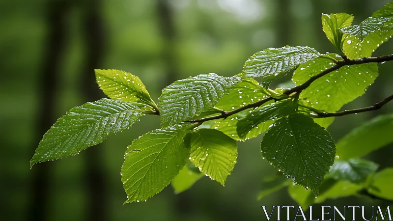 Fresh green leaves with raindrops on a branch in nature photography.