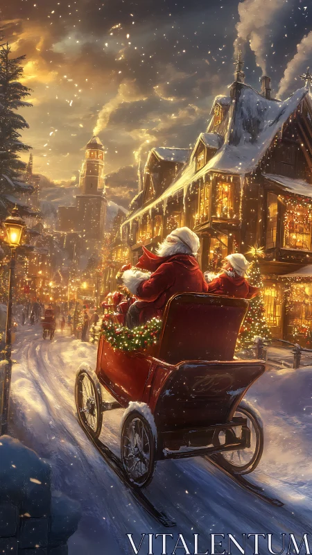 Santa’s sleigh glides through a glowing snowy village street.