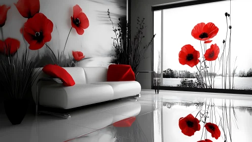 Monochrome living room contrasts vivid red poppy decor