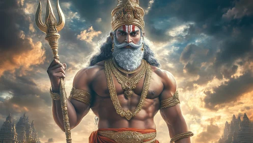 Storm-limned temple guardian brandishing a golden trident.