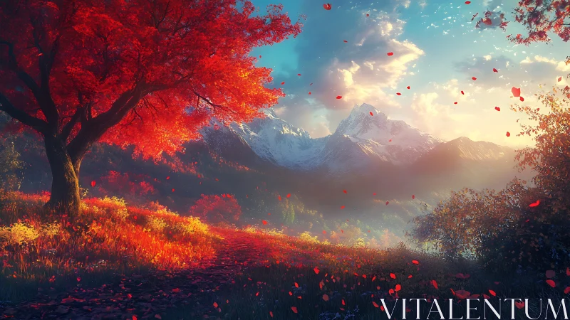 Crimson autumn tree overlooks luminous snow-capped peaks.