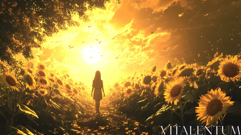 Girl walks through glowing sunflower field at sunset.