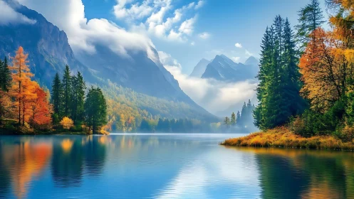 Mountain lake with autumn forest and distant peaks under clouds.