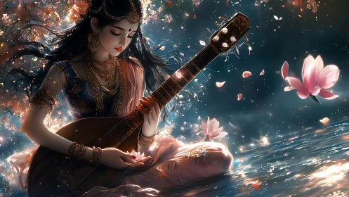 Mystical woman with sitar beside glowing lotus petals.