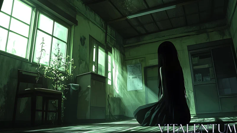 Solitary girl kneels in an abandoned sunlit classroom