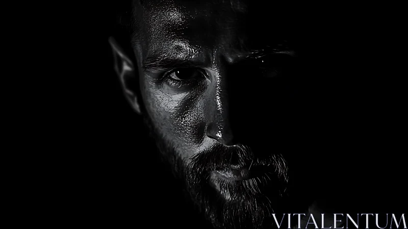 Low-key monochrome portrait isolates half-illuminated male face