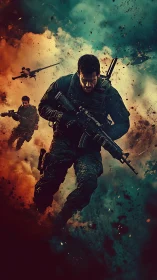 Armed soldiers advancing through heavy battlefield smoke.