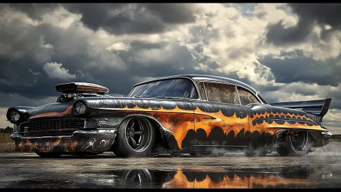 Stormy highway hot rod blazing with retro custom flames.