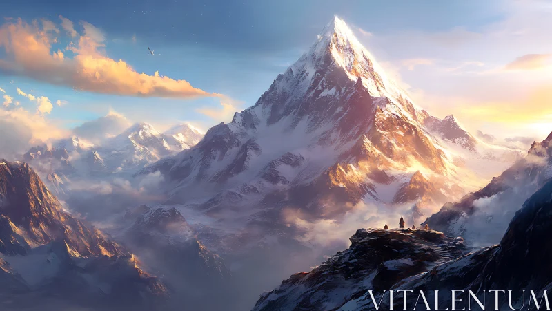 Snow-covered mountain peak rises above hikers at sunrise