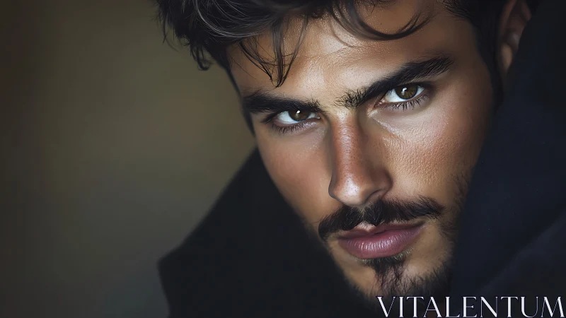 Close male portrait with intense direct gaze in shadow.