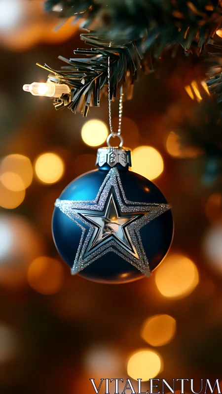 Blue star ornament with warm bokeh Christmas lighting.