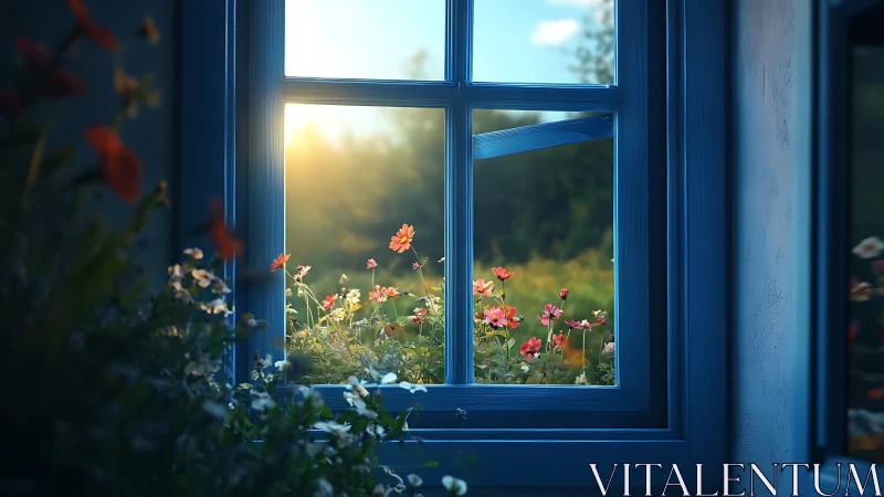 Blue-framed window overlooking sunlit wildflower garden.