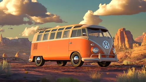 Vintage orange VW microbus crosses sunlit desert plateau