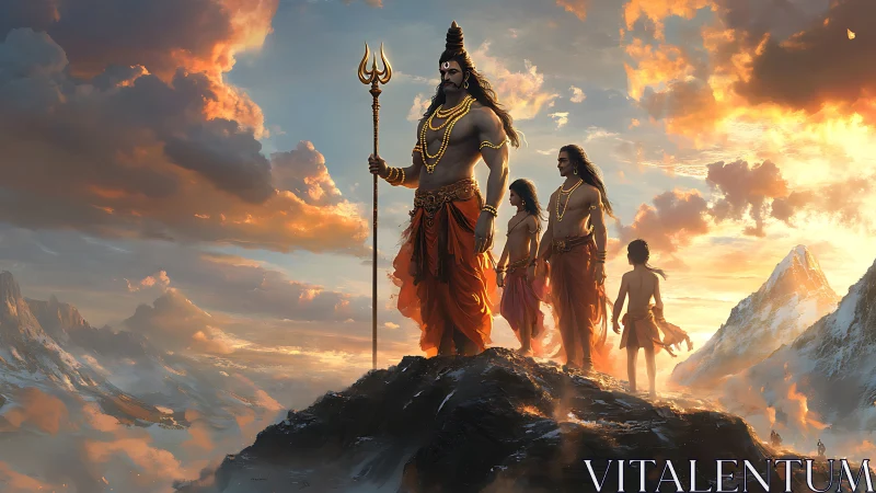 Mythic warriors stand on mountain peak at dramatic sunset