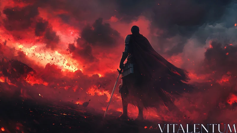 Lone armored hero stands calm within a storm of red fire