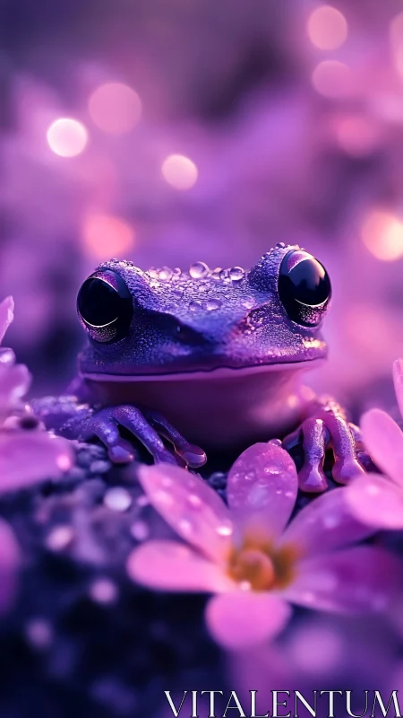 Frog sits among purple flowers in shallow depth of field
