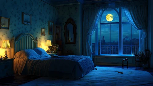 Moonlit classic bedroom with window city skyline view.
