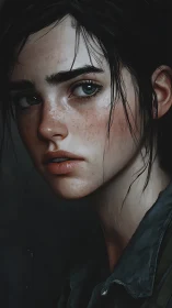 Digital portrait of freckled young woman in side profile.