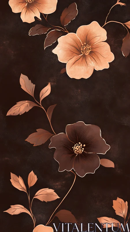 Brown floral pattern with peach blossoms on dark background.