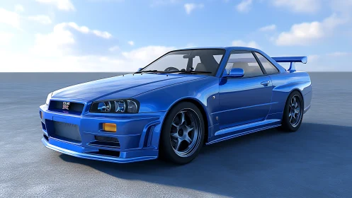 Bold blue sports car gleams under a bright open sky