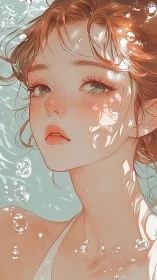 Dreamy anime girl floats underwater in dappled sunlight