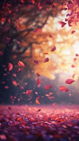 Crimson autumn leaves swirling through bokeh forest light.