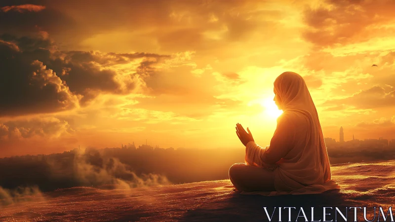 Golden hour prayer on a tranquil sunlit horizon.