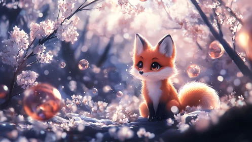Cartoon fox in blooming forest with floating orbs.