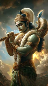 Divine warrior stands with conch against stormlit battlefield