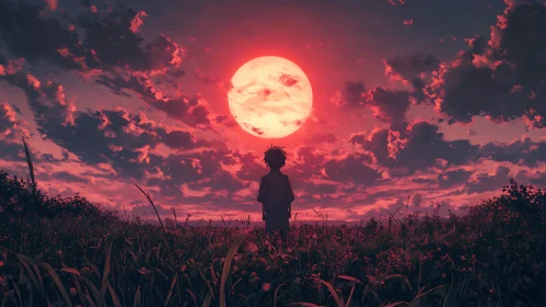 Silhouetted youth observes crimson sunset beneath dense cloudfield