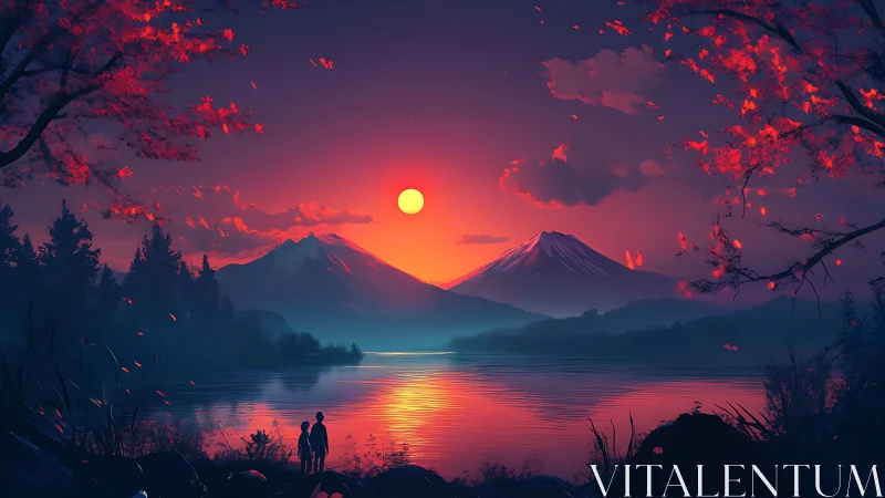 Sunset stroll beside tranquil lake and twilight mountains.