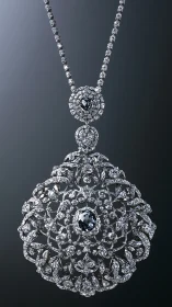 Intricate diamond filigree pendant with central dark gem.