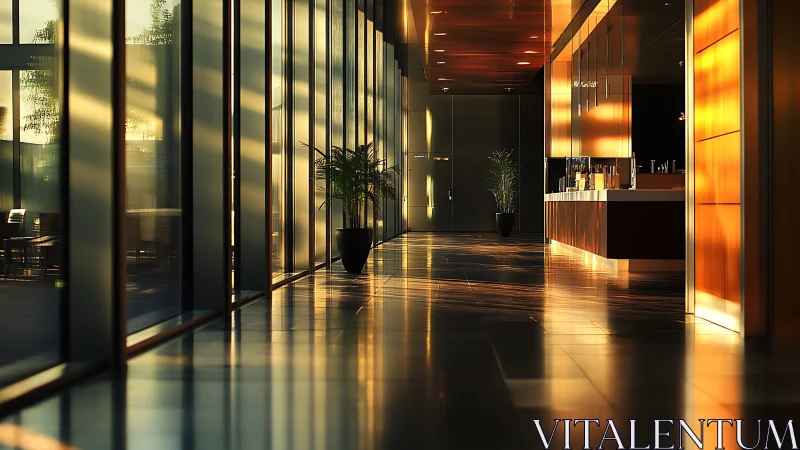 Modern Corridor Interior. Warm Sunlight Reflections.