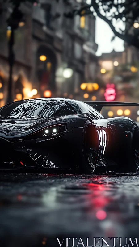 Night rain wraps a sleek black race car in glowing city light
