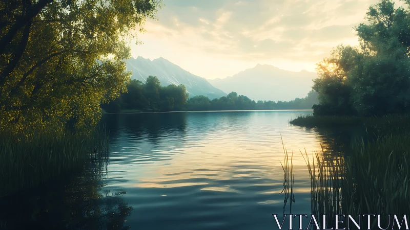 Sunrise hush over a glassy mountain lake of whispers.