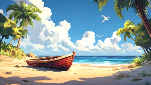 Tropical Shoreline with Beached Red Boat and Palm Vegetation.