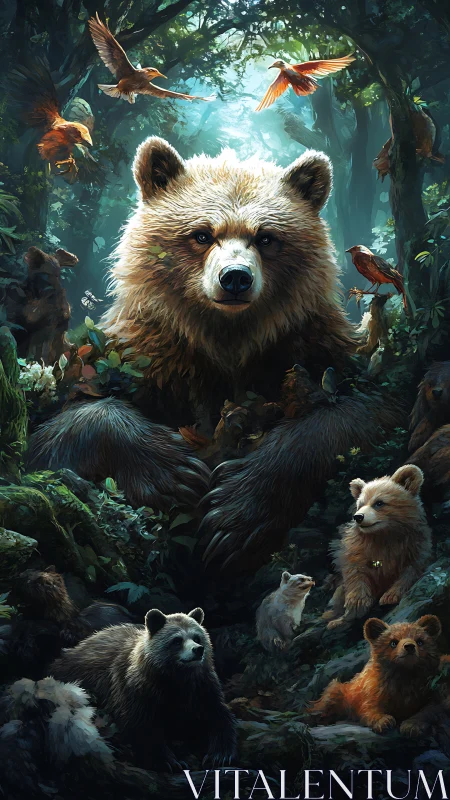 Forest bear matriarch surrounded by cubs and glowing canopy.