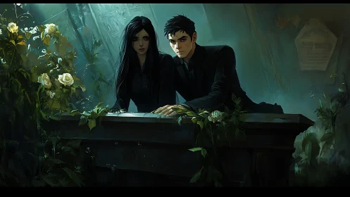 Darkly elegant couple sharing a quiet, moody moment together.
