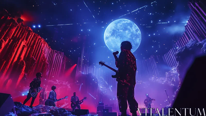 Rock band performs under colossal moon on neon stage