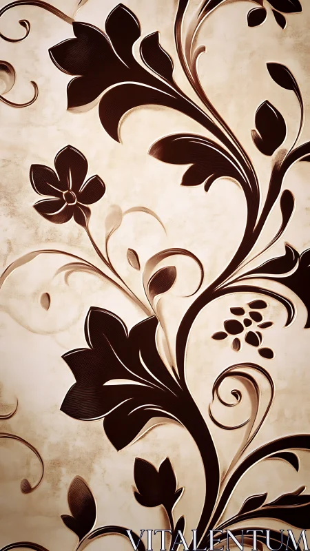 Ornamental sepia floral scrollwork with stylized vine arabesques