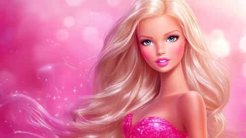 Sparkling blonde doll shines in a dreamy pink glow