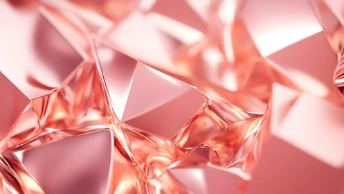 Abstract rose gold crystal shapes with reflective surfaces.