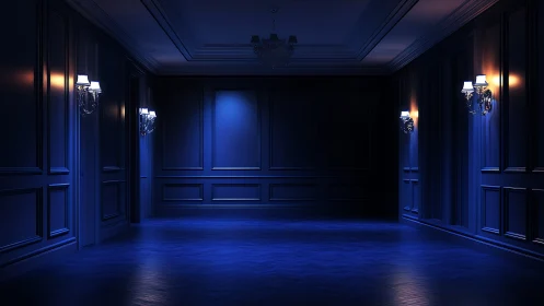 Midnight blue hallway glowing with quiet, welcoming light.