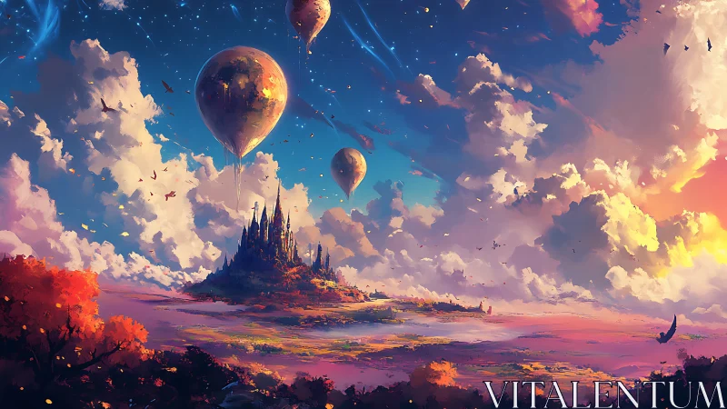 Floating kingdom under luminous skies and drifting balloons.