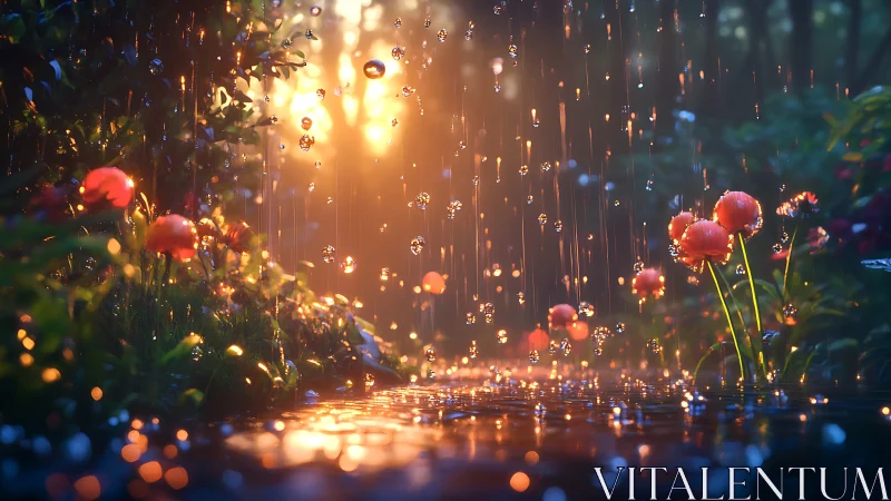 Sunlit rain falls onto orange flowers in a forest clearing