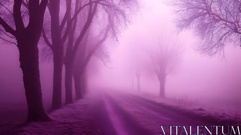 Purple misty forest road fades into dreamy winter light.