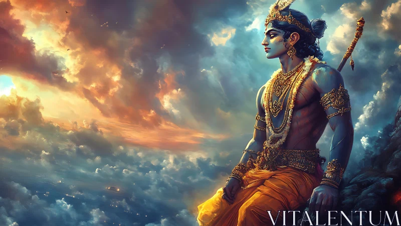 Digital painting of divine warrior in luminous cloudscape profile.